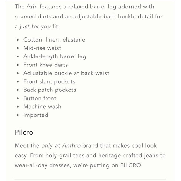 NWT Size 18W -Pilcro The Arin Cotton/Linen Button Fly Barrel Pants (NWT US$ 138) - Picture 8 of 16